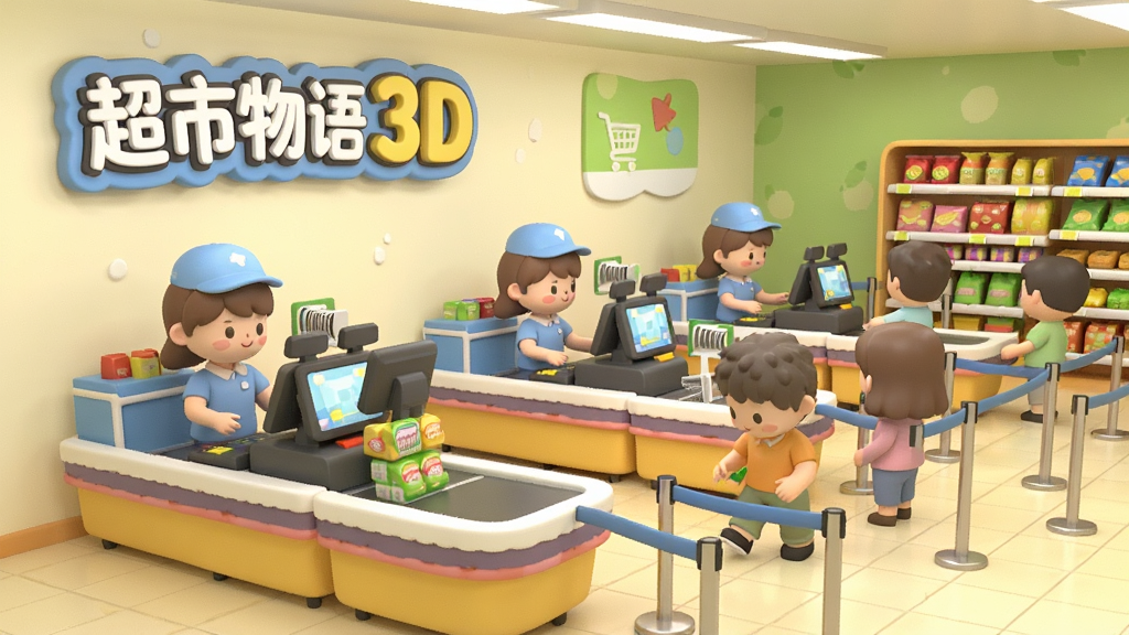 一个3D超市收银区场景,多个收银台前排着队伍,收银员正在扫码结账,画面中有