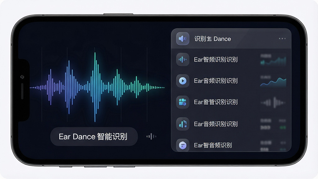 一幅展示智能音频识别功能的场景图,主体为手机屏幕中显示跳动的音频波形和识别结果文字,布局采用左右分栏,左侧为波形图右侧为识别文本列表,风格为简洁科技风,细节包括深色背景上发光的声波线条、半透明数据面板和圆角图标,画质高清,画面干净无杂乱元素,图片中可出现文字“Ear Dance 智能识别”