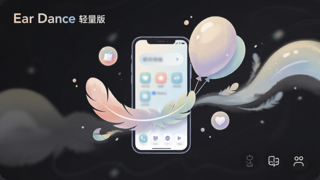 一张展示轻量运行体验的概念图,主体为手机与羽毛或气球元素结合,象征轻盈流畅,布局采用中心构图,风格为柔和插画风,细节包括淡雅配色、流畅的曲线和极简图标,画质高清,画面干净清爽,图片中可出现文字“Ear Dance 轻量版”