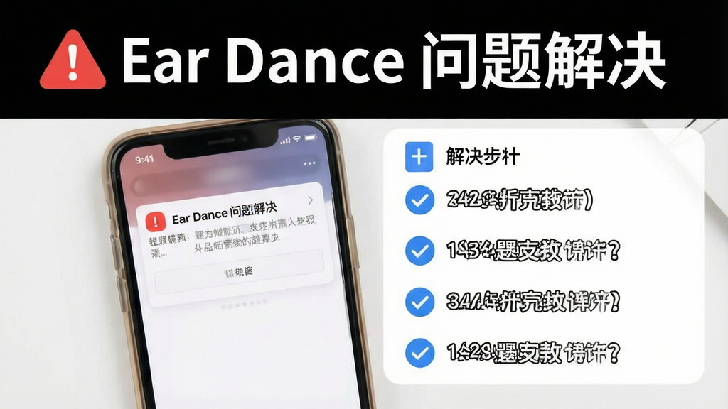 一张展示手机应用问题排查的场景图,主体为手机屏幕显示错误提示与解决步骤列表,布局采用上下结构,风格为简洁教程风,细节包括红色警示图标、蓝色对勾标记和清晰的步骤编号,画质高清,画面干净无杂乱元素,图片中可出现文字“Ear Dance 问题解决”