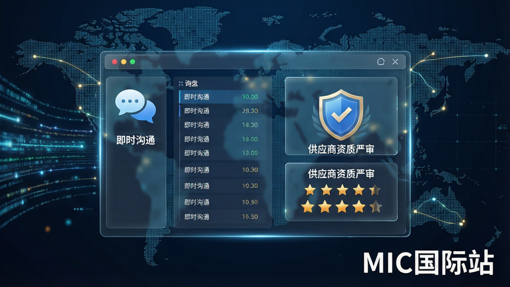 一幅描绘MIC国际站核心功能的AI生图,画面主体是一个悬浮的数字化商务仪表盘,左侧显示着“即时沟通”气泡图标和不断滚动的询盘列表,右侧展示着“供应商资质严审”的盾牌认证标志和星级评分。背景是抽象的数据流与全球地图网格,布局对称,风格为高科技商务感,细节包括发光的线条、半透明的玻璃面板质感,画质为8K超高清,干净整洁,图片中打上文字“MIC国际站”。