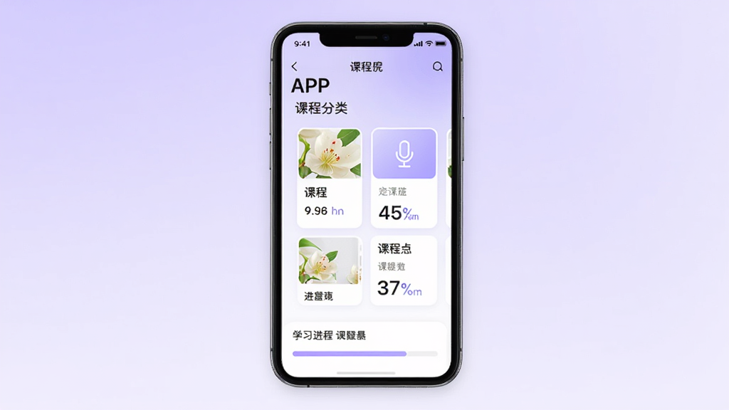 �滨��������ԺAPP��ҳ����չʾ���ֻ���Ļ����ʾ�γ̷����б���ѧϰ������������Ϊ��͵�ǳ��ɫ���䣬����ͻ���ֻ�����沼�֣��Ű���У�������ִ���ϸ�ڰ����γ̿�Ƭ����˷�ͼ�ꡢ���Ȱٷֱȣ����������ɾ����޶���Ԫ��