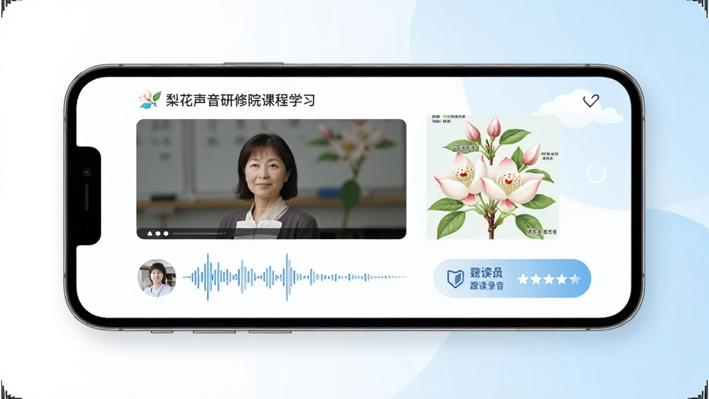 �滨��������Ժ�γ�ѧϰ���棬�ֻ���Ļչʾ��Ƶ��ѧ�����¼����ť������Ϊ��ɫ�뵭��ɫ��֯������Ϊ�ֻ���γ̷��棬�Ű����룬������£�ϸ�ڰ�����ʦͷ�񡢲���ͼ�������Ǽ������ʸ���ɾ����޶���Ԫ��