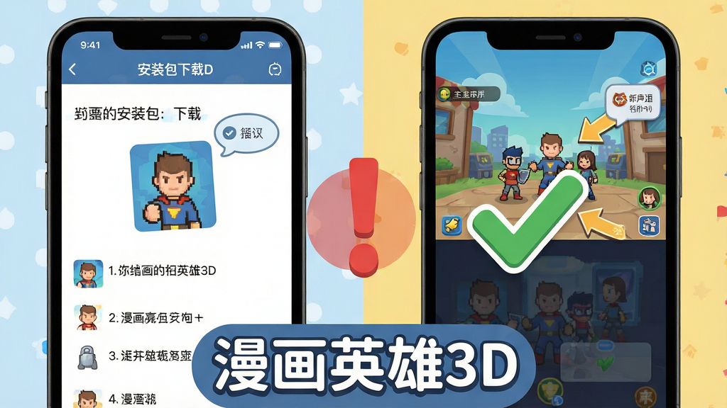 画面展示一个手机屏幕截图风格的教学图示,画面分为左右两部分,左侧显示安装包下载页面,右侧显示游戏主界面与新手引导箭头,中间用醒目的红色感叹号与绿色对勾图标对比错误与正确操作,底部用圆润字体写着