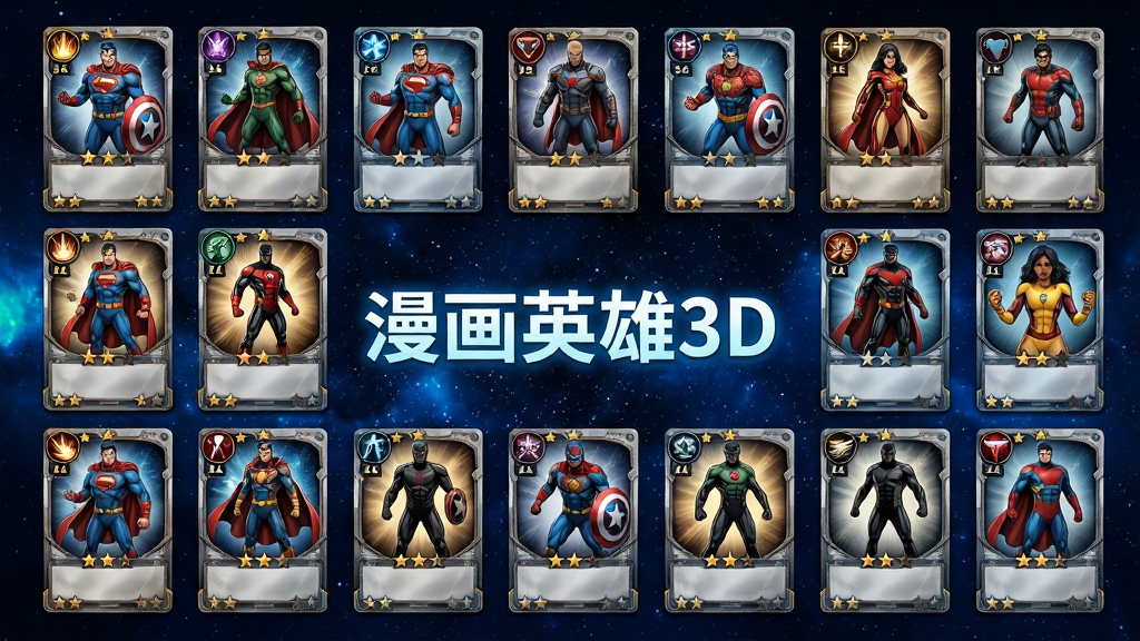 画面展示一面由数十张英雄卡牌组成的展示墙,每张卡牌上绘有不同超级英雄的全身立绘,卡牌按稀有度从低到高排列,背景为深蓝色宇宙星空,中央位置用发光字体标注