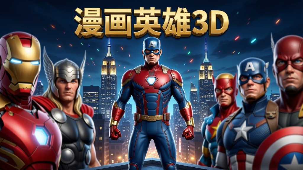 画面中央展示一位身穿红蓝战衣的超级英雄站在城市高楼顶端,背景是繁华的纽约都市夜景与发光的天际线,左右两侧分别排列着钢铁侠、雷神、美国队长等英雄的半身像,整体采用竖版构图,上方居中位置用金色立体字体写着
