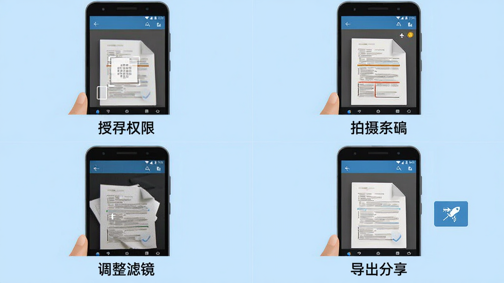 一张展示全能清晰扫描助手在安卓手机上操作流程的拼图,包含四个画面:授予权限、拍摄文档、调整滤镜、导出分享,每个画面下方有简短文字说明,整体背景为浅蓝色,风格为扁平化信息图,细节清晰展示手机界面,画质为高清,干净无多余元素。