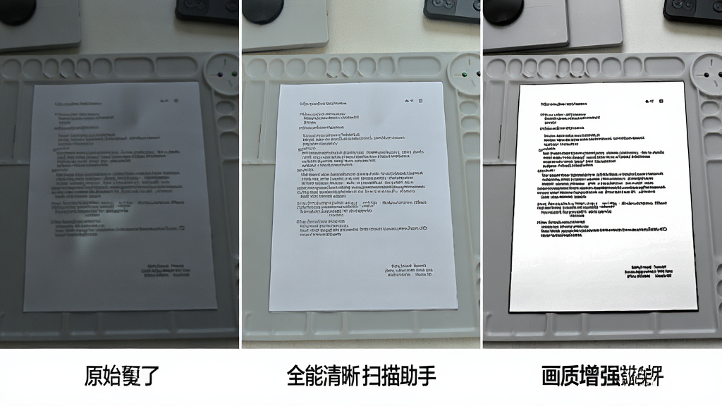一张展示全能清晰扫描助手画质增强效果的对比图,画面分为三部分,左侧为原始拍摄的暗淡文档,中间为增强并锐化后的清晰文档,右侧为黑白高对比度文档,每张图下方标注对应的模式名称,背景为浅灰色工作台,风格为写实产品展示,细节突出文字清晰度变化,画质为超清,干净无多余元素。