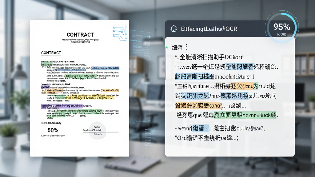 一张展示全能清晰扫描助手OCR文字识别功能的图片,画面左侧为一份扫描的纸质合同图片,右侧为提取出的可编辑文本界面,文本中部分关键词被高亮选中,背景为模糊的办公室环境,风格为商务科技风,细节包含识别准确率百分比图标,画质为高清,干净无多余元素。