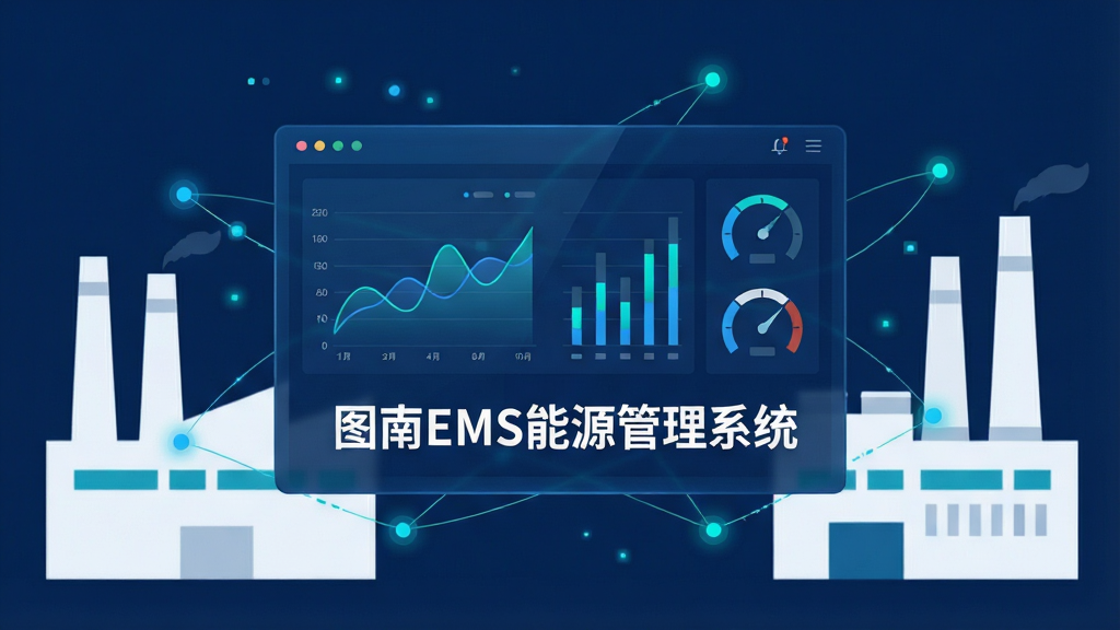 一张高清的软件界面概念图,画面中央悬浮着一块半透明的深蓝色数据看板,看板上显示着折线图、柱状图和仪表盘,图表下方用白色粗体字写着“图南EMS能源管理系统”,周围环绕着细小的发光数据节点和连接线,背景是简约的现代工业厂房轮廓,整体风格为科技感扁平化设计,色彩以深蓝、青色和白色为主,画面干净整洁,无多余杂物,画质为4K超清。