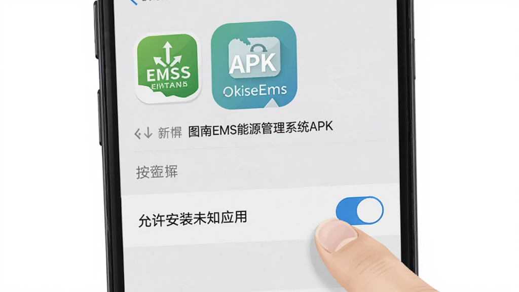 一张展示手机设置界面的示意图,画面中手指正点击“允许安装未知应用”的开关按钮,手机屏幕上方显示图南EMS能源管理系统的APK安装包图标,背景是浅灰色的设置菜单列表,风格为简洁明了的操作指引图,画质清晰,色彩柔和,无多余装饰。