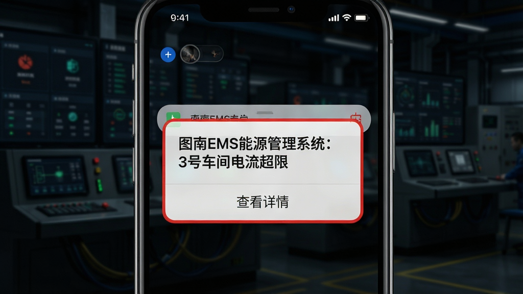 一张展示手机通知栏弹出告警信息的特写图,手机屏幕中央弹出一个红色边框的警告框,框内文字为“图南EMS能源管理系统:3号车间电流超限”,下方有“查看详情”按钮,手机背景是暗色的工业控制室画面,风格为写实科技感,画质清晰,画面干净无杂物。