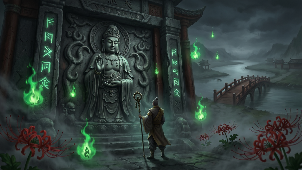 伏魔录-新仙侠修仙地藏剧情场景图,画面展示幽冥地府入口,巨大石门上有地藏菩萨浮雕,门前站着一位手持锡杖的修行者,周围漂浮着幽绿色鬼火与红色彼岸花,远处有奈何桥与忘川河,风格为暗黑仙侠,细节包含石雕纹理、雾气、符文光效,画质高清,干净,无多余元素