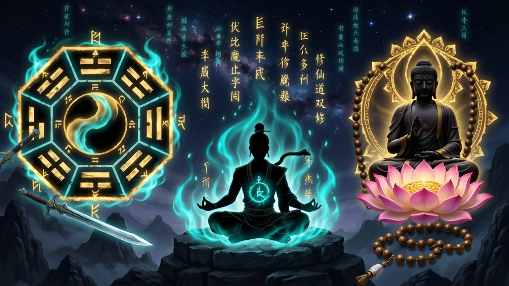 伏魔录-新仙侠修仙地藏佛道双修界面展示图,画面左侧为道家八卦阵与飞剑,右侧为佛门莲花与念珠,中央是角色盘坐修炼的剪影,背景为星空与经文漂浮,整体布局对称,风格为仙侠玄幻,细节包含金色符文、青色灵气、暗色山石,画质高清,干净,无多余元素