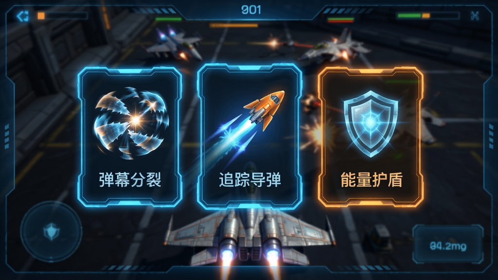 ����ս������ѡ����棬�������뵯���������ܿ�Ƭ���ֱ��ע�š���Ļ���ѡ���׷�ٵ��������������ܡ�����Ƭ���з���߿򣬱�������ͣ����Ϸս�����棬ս��ͣ����Ļ�·���������Ϊ�ƻ�UI����ɫ���ɫ��Ч��֯�����ʸ��壬�ɾ��޶���Ԫ��