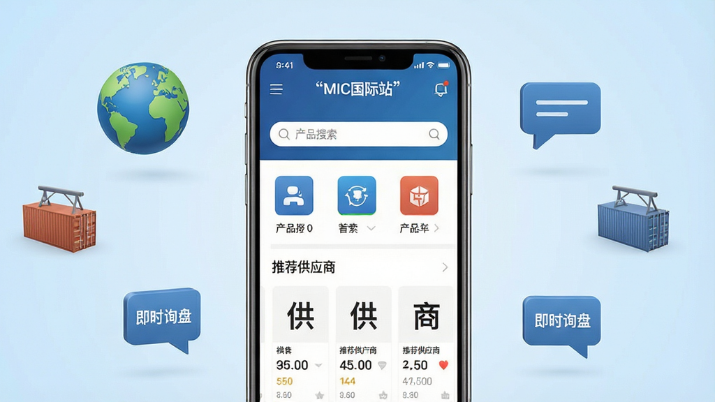 一张展示MIC国际站移动端应用界面的图片,主体为一部智能手机,屏幕上显示MIC国际站APP的首页,包含产品分类图标、搜索栏和推荐供应商列表,背景为简洁的浅蓝色渐变,手机周围散落着地球、集装箱、对话气泡等外贸元素,整体风格现代商务,画质清晰,干净无多余元素,图片中文字使用引号标注“MIC国际站”“产品搜索”“即时询盘”