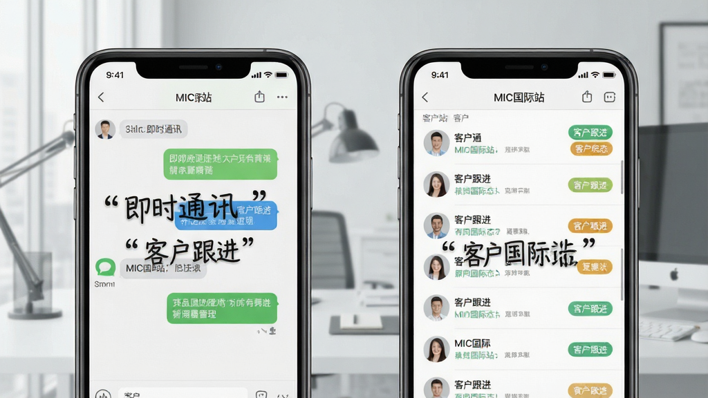 一张展示MIC国际站聊天界面和客户管理面板的图片,主体为两部并排的手机,左侧手机显示聊天对话窗口,右侧手机显示客户列表和跟进状态标签,背景为浅灰色办公环境,风格简洁商务,画质清晰,图片中文字使用引号标注“即时通讯”“客户跟进”“MIC国际站”