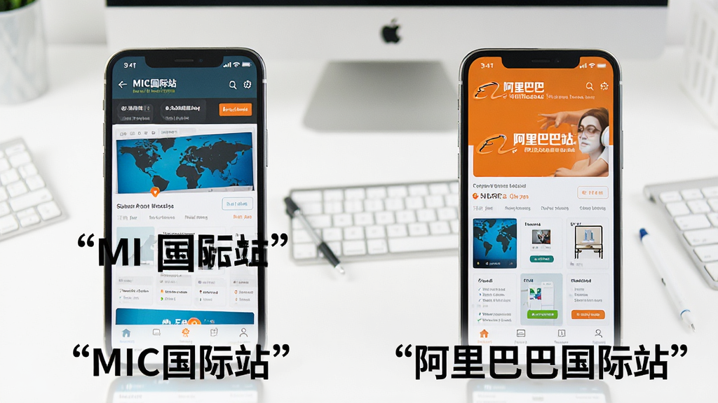 一张展示MIC国际站与阿里巴巴国际站移动端界面对比的图片,主体为两部手机并排展示,左侧手机显示MIC国际站首页,右侧手机显示阿里巴巴国际站首页,背景为白色办公桌面,风格简洁明了,画质清晰,图片中文字使用引号标注“MIC国际站”“阿里巴巴国际站”