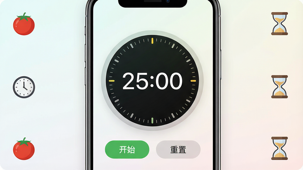 一张展示番茄计时器手机应用主界面的图片,画面中央是一个醒目的圆形计时表盘,表盘内显示剩余时间“25:00”,表盘下方有“开始”和“重置”两个按钮,背景为简洁的浅色渐变,手机屏幕周围环绕着番茄、时钟、沙漏等小图标,整体风格清新现代,画质清晰,干净无多余元素