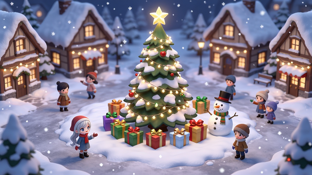 ����С��������Ϸ�еĶ�����������������չʾ����ѩ���ǵ�С��㳡��������һ�þ޴��ʥ��������Χ�еƹ⡢����к�ѩ�ˣ������Ǵ��Ŷ�װ������Ʈ��ѩ���������Χ������ܰ�������������ɾ��޶���Ԫ��