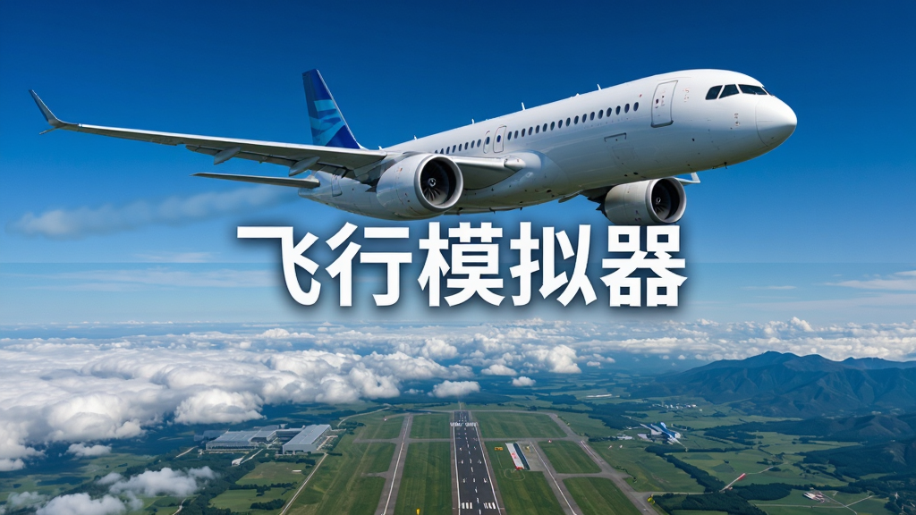 一架现代客机在蔚蓝天空中飞行,机翼下方是绵延的云层和绿色大地,画面中央有