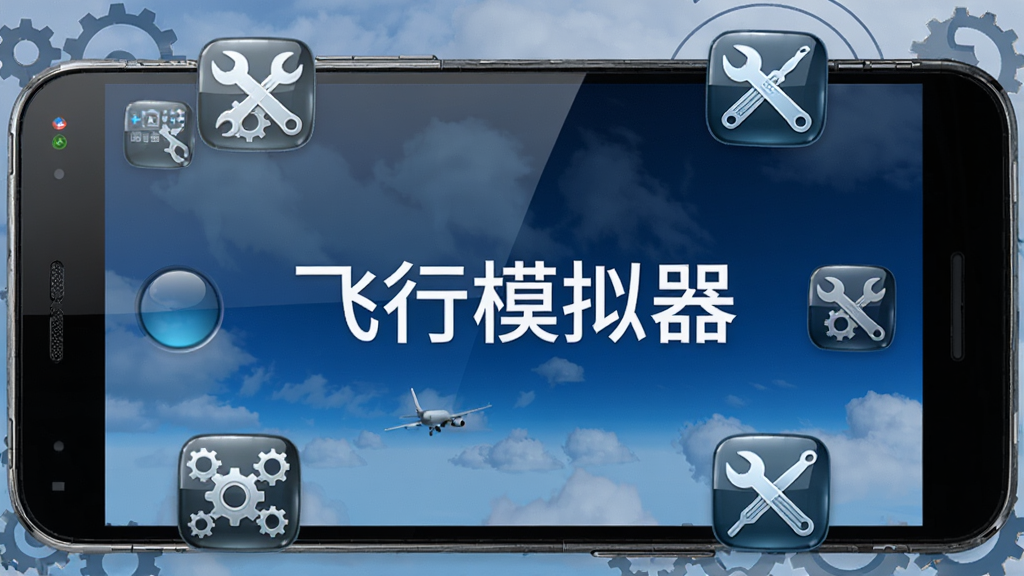 一部安卓手机屏幕上显示飞行模拟器的加载界面,背景是深蓝色天空和云朵,手机周围有齿轮和工具图标,画面中央有