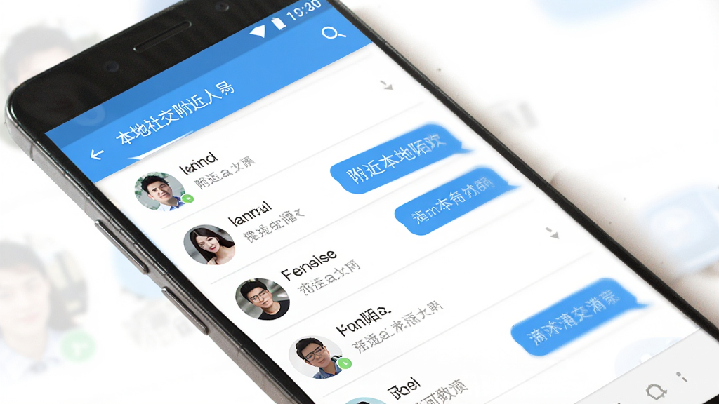 本地陌欢 同城社交 安卓应用 主界面展示 手机屏幕 清爽蓝色调 附近的人列表 聊天气泡 现代扁平化设计 高清画质 干净无多余元素