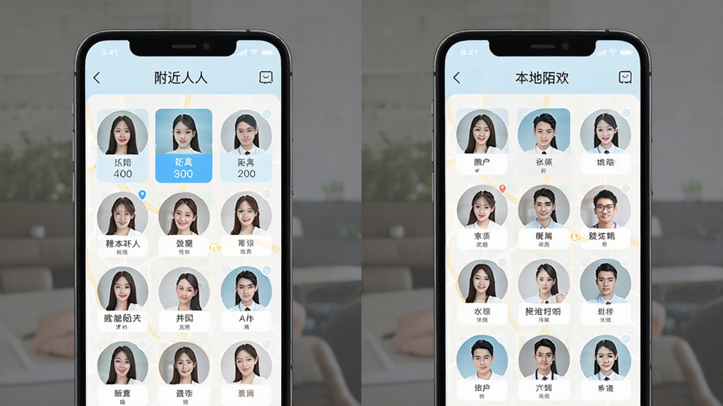 本地陌欢 附近的人 地图定位 手机界面 用户头像网格 距离显示 现代社交应用 明亮色调 高清画质 干净无多余元素