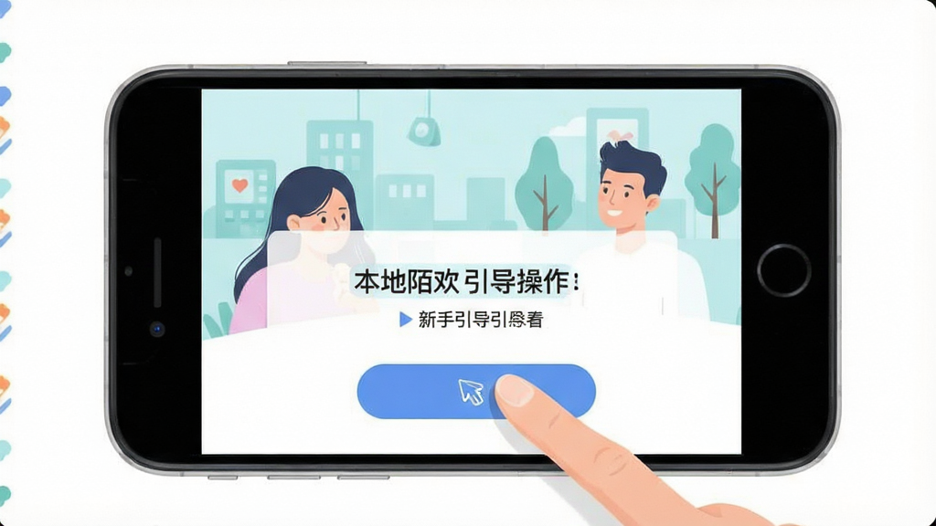 本地陌欢 新手引导 手机操作 点击按钮 界面提示 扁平插画风格 高清画质 干净无多余元素