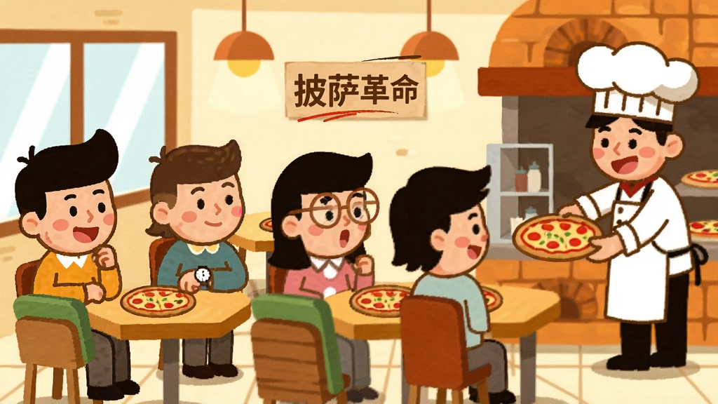 一张卡通风格的披萨店顾客场景插画,画面中有多位不同造型的卡通顾客坐在餐桌旁等待披萨,有的顾客表情期待,有的顾客看着手表,画面右侧是正在忙碌制作披萨的厨师,背景为温馨的披萨店内部,风格为扁平卡通插画,色调温暖,画质清晰干净,图片中带文字“披萨革命”,无多余元素