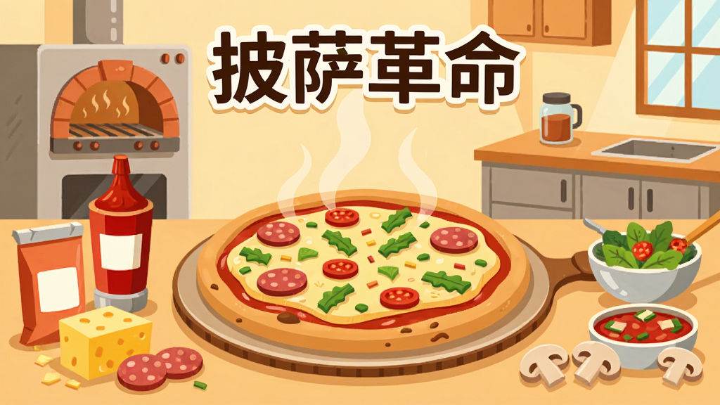 一张卡通风格的披萨店经营场景插画,画面中央是一块正在制作中的大披萨,周围摆放着番茄酱、奶酪、香肠、蘑菇等丰富配料,背景是温馨的披萨店厨房,有烤箱和操作台,整体色调温暖明亮,风格为扁平卡通插画,细节丰富,画质清晰干净,画面中带文字“披萨革命”,无多余元素