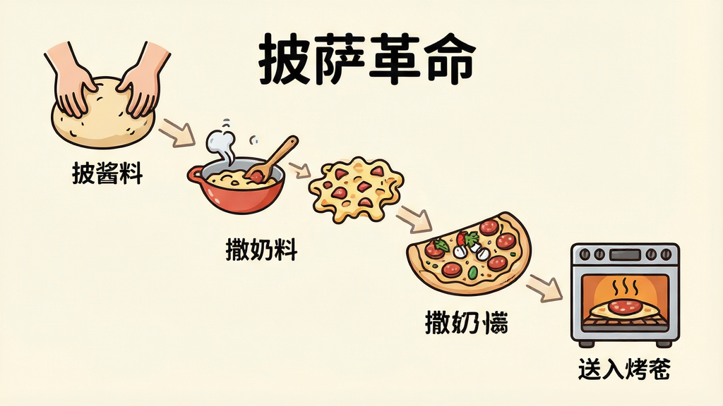 一张卡通风格的披萨制作流程图,画面从左上到右下依次展示揉面团、涂酱料、撒奶酪、放配料、送入烤箱五个步骤,每个步骤配有小图标和简短文字说明,背景为浅色,风格清新简洁,画质干净清晰,图片中带文字“披萨革命”,无多余元素