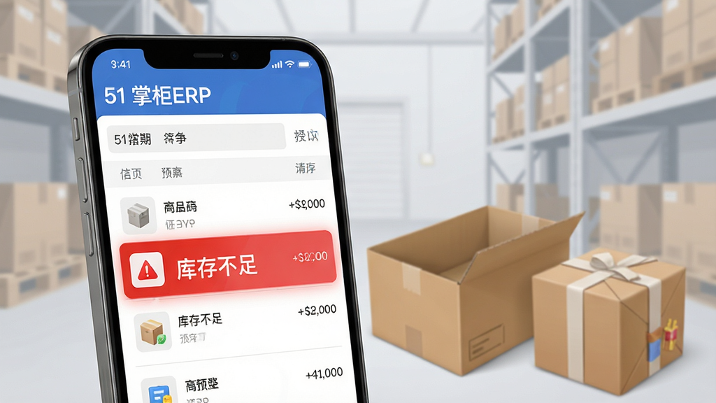 一张表现“51掌柜ERP”库存预警功能的图片,画面主体是手机屏幕特写,屏幕中显示库存列表,其中一条商品记录被红色高亮标记并带有“库存不足”字样,手机旁边散落着几个空纸箱和一件包装完好的商品,背景为浅灰色仓库货架虚化效果,整体风格为写实科技感插画,光线柔和,画质清晰,干净无多余元素