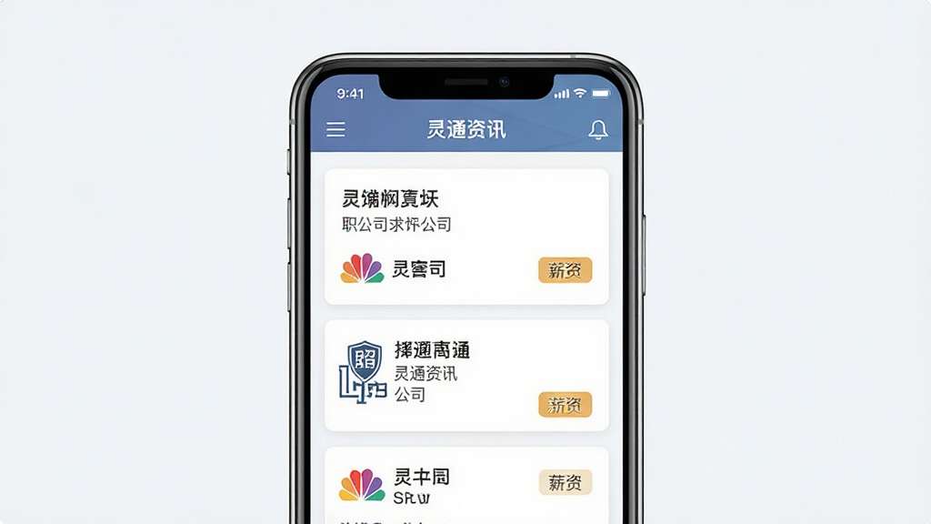 一张灵通资讯招聘求职版块的界面预览图,画面中心是手机屏幕,屏幕上显示“灵通资讯”招聘列表,布局为卡片式排列,风格为商务简约风,细节包括职位名称、公司logo、薪资标签,画质高清,画面干净,无多余元素。