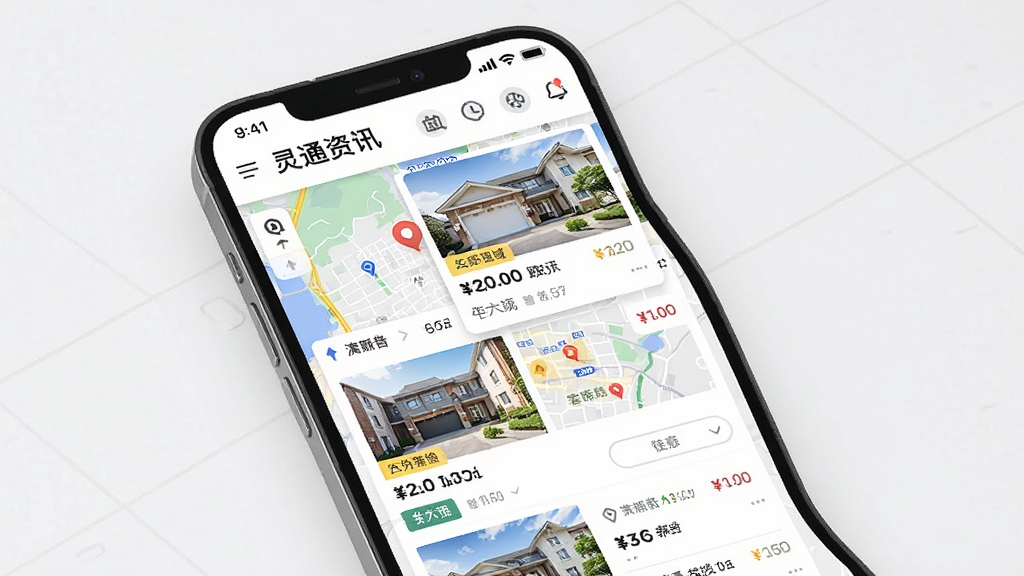 一幅灵通资讯房产信息界面的示意图,画面主体是手机屏幕,屏幕内显示“灵通资讯”租房列表,布局为地图与列表结合的形式,风格为现代生活化设计,细节包括房源图片、价格标签、区域标注,画质清晰,画面干净,无多余元素。