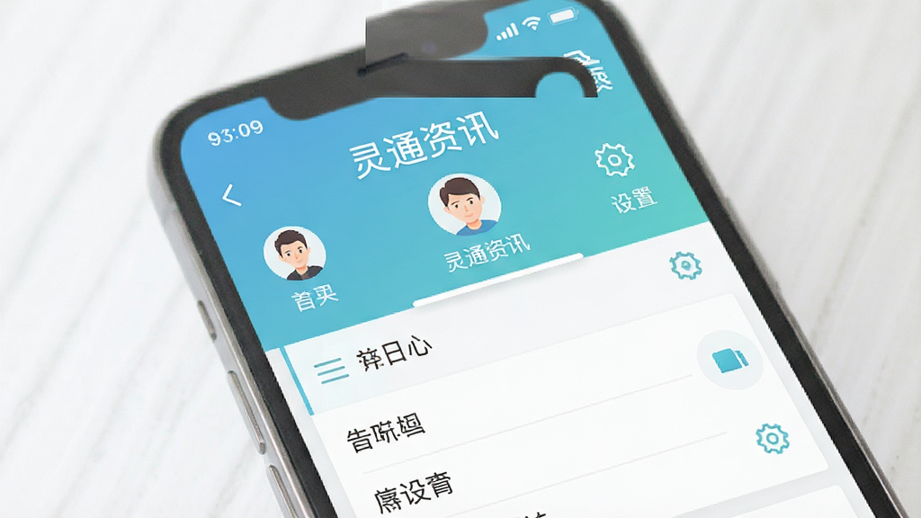 一幅展示灵通资讯移动端操作界面的示意图,画面中心是手机屏幕,屏幕上显示“灵通资讯”个人中心页面,布局为上下结构,风格为清新简约风,细节包括头像、菜单栏、设置图标,画质清晰,画面干净,无多余元素。