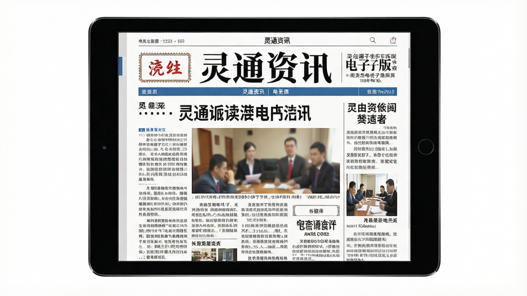 一张灵通资讯电子版报纸阅读界面的插图,画面中心是平板电脑屏幕,屏幕上显示“灵通资讯”电子报版面,布局为报纸排版样式,风格为传统报刊数字化风格,细节包括标题、正文、图片版块,画质高清,画面干净,无多余元素。