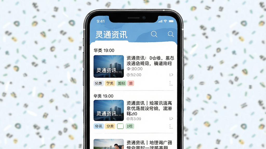 一幅展示灵通资讯本地新闻推送界面的插图,画面主体是手机屏幕,屏幕内显示“灵通资讯”新闻列表,布局为上下滚动式信息流,风格为清新简洁的移动端UI,细节包括时间戳、新闻缩略图、分类标签,画质清晰,画面干净,无多余元素。