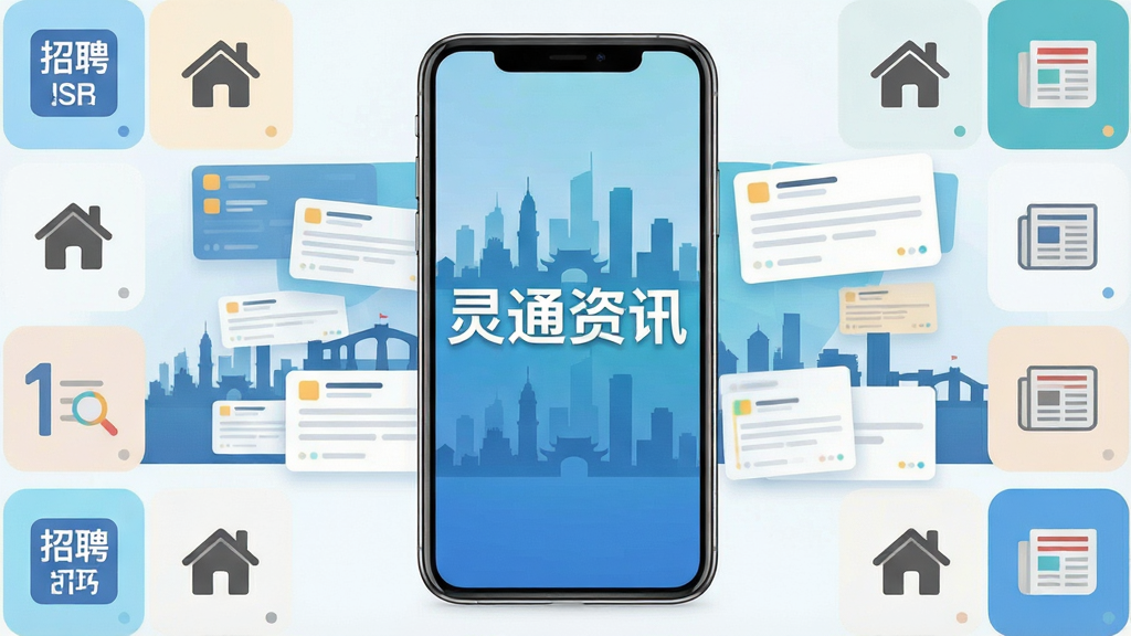 一张展示灵通资讯软件界面的全景图,画面中央是手机屏幕,屏幕上清晰显示“灵通资讯”四个大字的启动页,背景是运城城市剪影与信息流卡片交织的图案,布局采用中心对称构图,风格为现代扁平化UI设计,细节包括招聘图标、房屋图标、报纸图标等元素环绕四周,画质高清,画面干净,无多余元素。