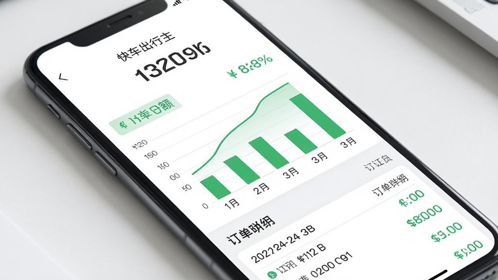 快车出行车主版收入统计页面展示,主体为手机屏幕显示收入图表,布局为上方总额数字、中间柱状图、下方订单明细列表,排版规整,风格为清新商务风格,细节包含绿色收入曲线、货币符号、日期标签,画质高清,干净,无多余元素