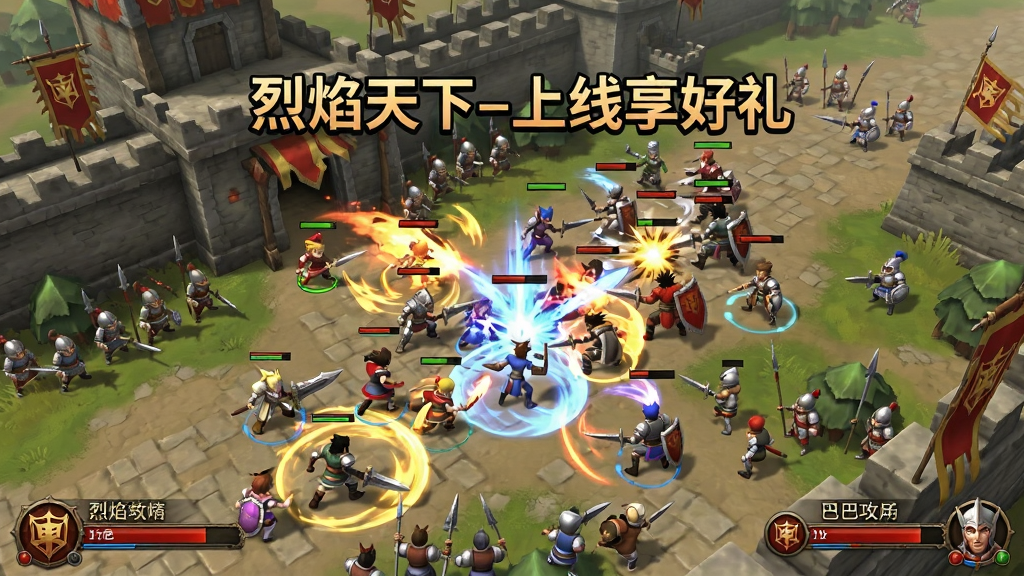 画面展示“烈焰天下-上线享好礼”沙巴克攻城场景,多角色混战、技能特效满屏,背景为城墙与旗帜,布局为俯视角战斗画面,风格为热血传奇攻城战,细节包含行会名称与血条,画质高清干净无多余元素