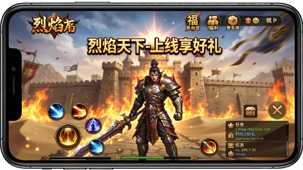 画面中央展示一部智能手机,屏幕上显示“烈焰天下-上线享好礼”游戏主界面,角色身穿铠甲手持武器站在沙城前,背景有火焰与光效,布局为竖屏手游界面,排版上方为游戏logo与福利图标,风格为热血传奇类写实画风,细节包含技能按钮、任务栏、聊天窗口,画质高清干净无多余元素