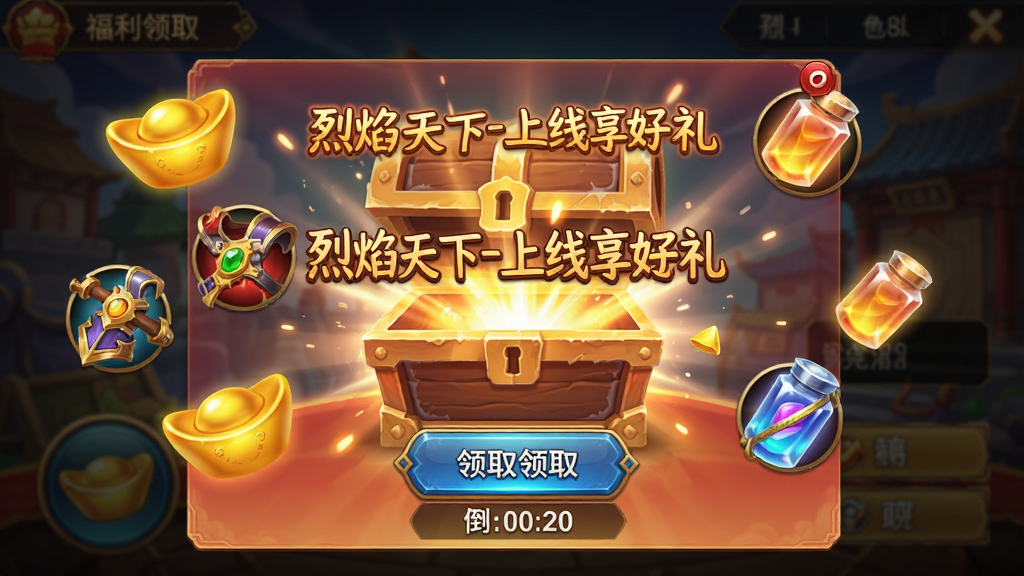 画面展示游戏内福利领取界面,中央为“烈焰天下-上线享好礼”宝箱打开特效,周围漂浮元宝、装备、经验丹等道具图标,布局为手机屏幕内弹窗排版,风格为喜庆热闹的传奇游戏UI,细节包含领取按钮与倒计时,画质高清干净无多余元素