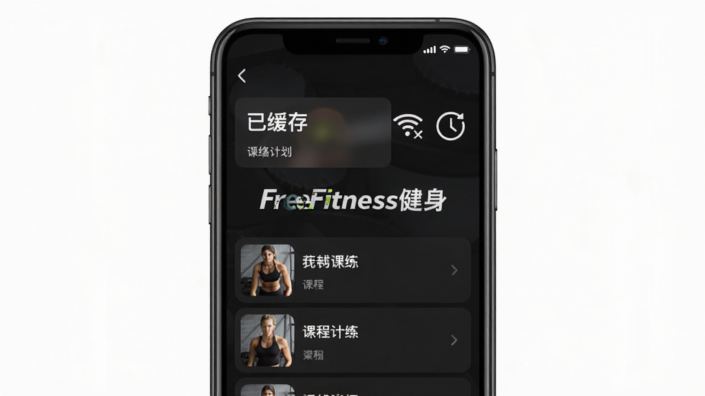 FreeFitness����Ӧ������ѵ�����棬�ֻ���Ļ��ʾ�����ؿγ��б�������Ϊ��ɫģʽ����������һ��ѵ���ƻ���Ƭ��ע���ѻ��桱���Ա���WiFi�Ͽ�ͼ���ʱ��ͼ�꣬���������С�FreeFitness���������ֱ�ʶ����������ȼ�࣬���ʸɾ����޶���Ԫ��