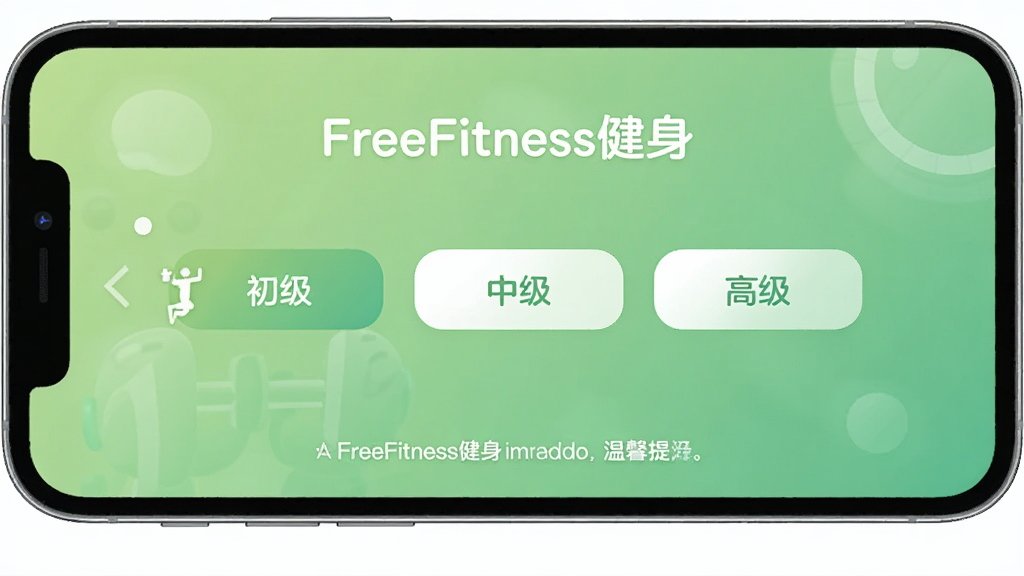 FreeFitness����Ӧ������������ҳ�棬�ֻ���Ļ��ʾѵ���Ѷ�ѡ����棬�������ȼ���ť��ע�����������м������߼���������Ϊ��͵Ľ�����ɫ�����涥���С�FreeFitness���������֣��ײ�����ܰ��ʾ���֣��������Ѻ����������ʸɾ����޶���Ԫ��