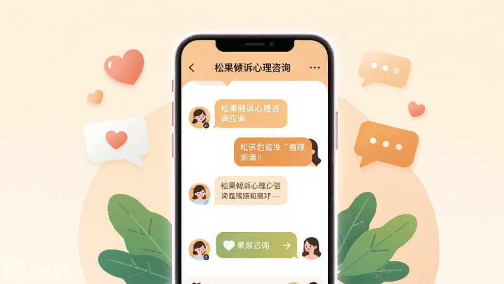 一幅展现松果倾诉心理咨询应用核心全貌的插画,画面中央是一部智能手机,屏幕上显示着松果倾诉心理咨询的聊天界面,界面中有温暖的对话气泡和倾听者头像。手机周围环绕着代表情绪释放的柔和元素,如飘浮的爱心、对话气泡和绿叶。整体布局以手机为主体,居中放置,背景是温馨的浅暖色调。风格为现代扁平化插画,细节包括手机边缘的柔光效果、屏幕内清晰可见的“松果倾诉心理咨询”文字标识。画质高清,画面干净,无多余元素。