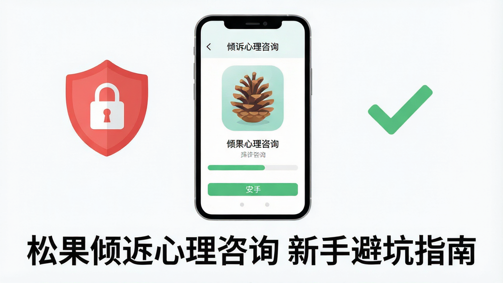 一幅展示松果倾诉心理咨询新手避坑指南的AI生图,画面中央是一部智能手机,屏幕上显示着松果倾诉心理咨询的安装界面,旁边有一个红色的盾牌图标和绿色的对勾图标,分别代表安全提示与操作确认。手机下方有一行文字“松果倾诉心理咨询 新手避坑指南”。布局简洁,手机居中,图标分列两侧。风格为现代扁平化插画,细节包括盾牌上的锁形图案和手机屏幕的安装进度条。画质高清,背景干净,无多余元素。