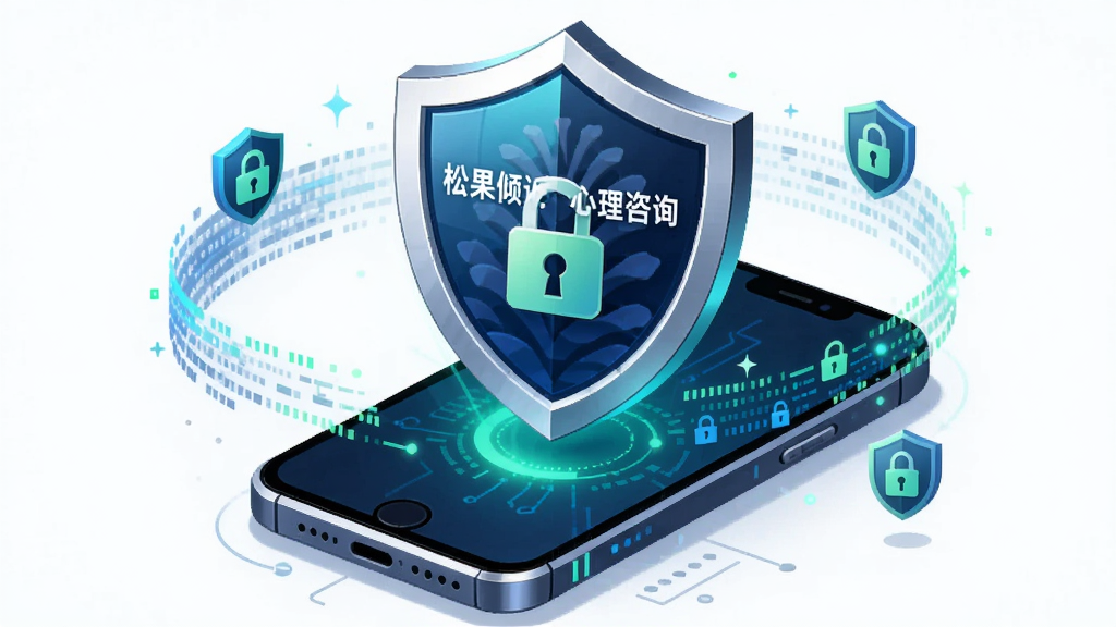 一幅展示松果倾诉心理咨询隐私安全保障的AI生图,画面中央是一个带有盾牌和锁形图标的智能手机,盾牌上写着“松果倾诉心理咨询”,手机周围环绕着加密的数据流和隐私保护的符号。布局以手机为中心,盾牌悬浮在屏幕上方。风格为科技感扁平插画,细节包括盾牌的金属质感和数据流的蓝绿色光效。画质高清,画面简洁,无多余元素。