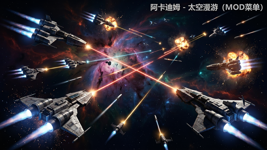 一场激烈的太空舰队交战场景,画面中央是多艘宇宙飞船正在互相射击,激光束和导弹轨迹划破黑暗的宇宙,背景是绚丽的星云与爆炸火光,画面右上角有