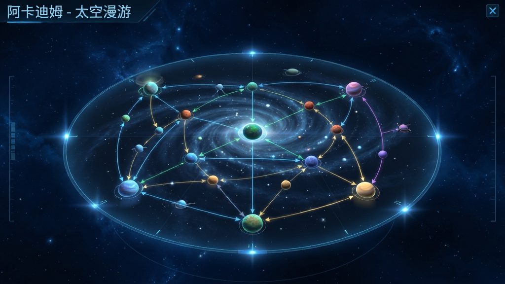 一款太空探索游戏的星系地图界面截图风格画面,画面主体是一张巨大的全息星图悬浮在深蓝色宇宙背景中,星图上标注了多个不同颜色的星球节点与航线,画面左上角显示